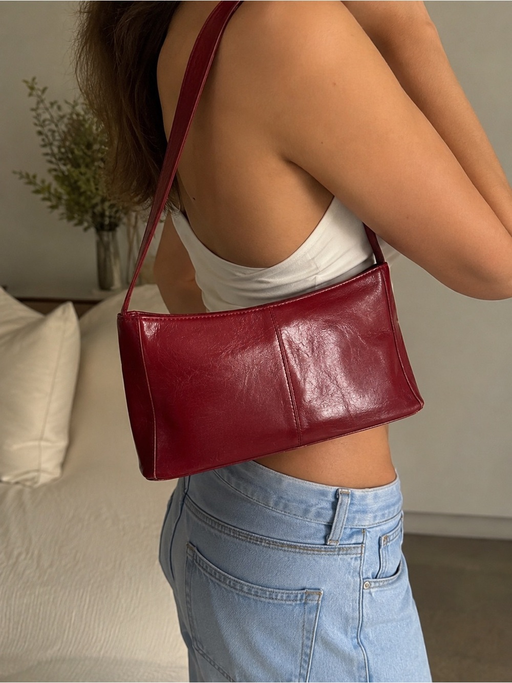 Vintage Monsac Red Leather Shoulder Bag Baguette Purse